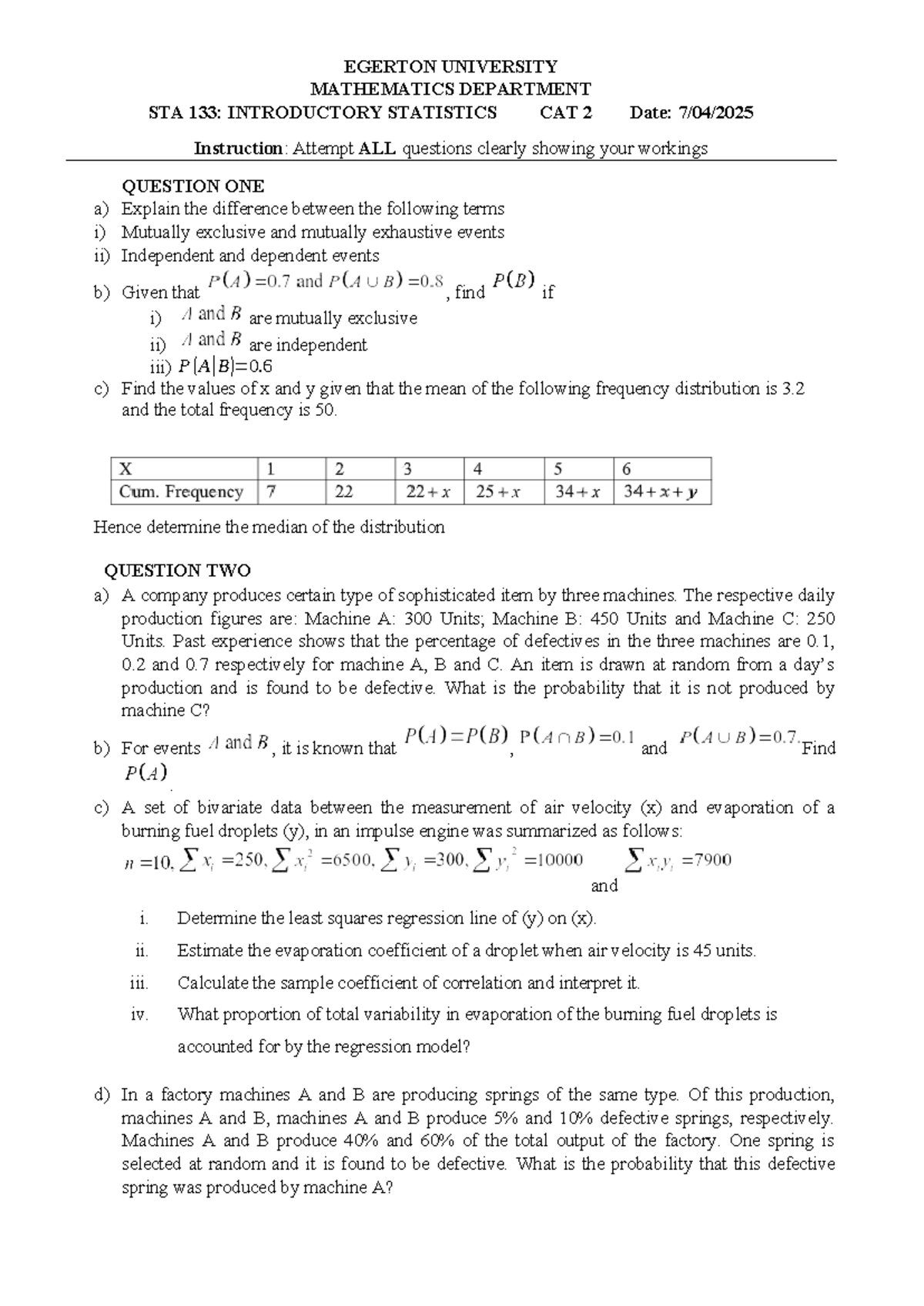 STAT 133-CAT2 - Revision questions for Stat 133 - EGERTON UNIVERSITY ...