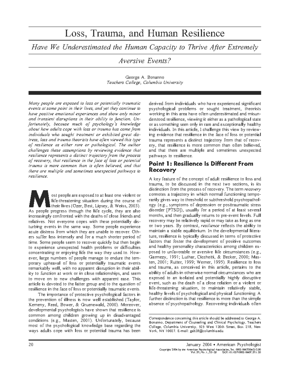 Resilience and Recovery in Response to Loss and Trauma: An Analysis ...