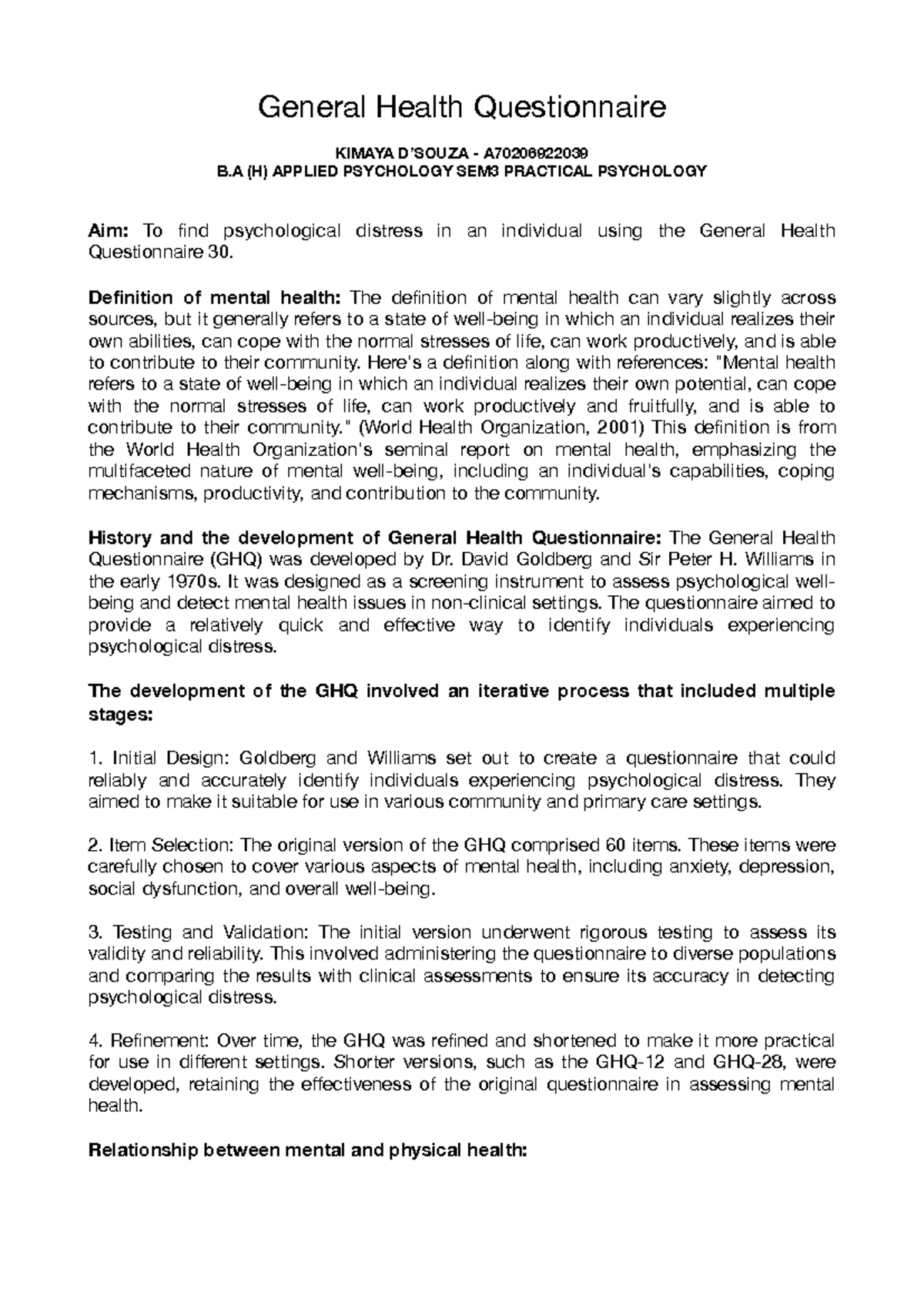 General Health Questionnaire Analysis - KIMAYA A70206922039 B.A (H ...