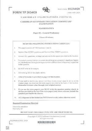 CSEC Mathematics 01234/020 June 2019 Paper 02 Exam Guide - Studocu