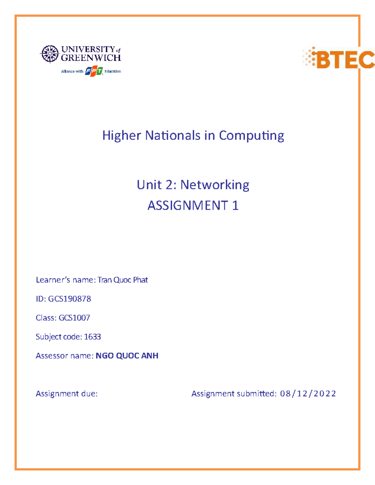 1619 Assignment 1 - networking - Higher Nationals in Computing Unit 2 ...
