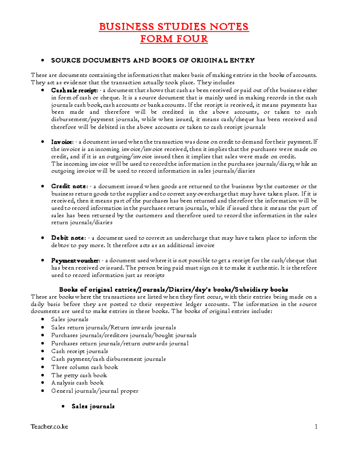 Form Four Business Studies Notes - Source Documents and Books of Entry ...