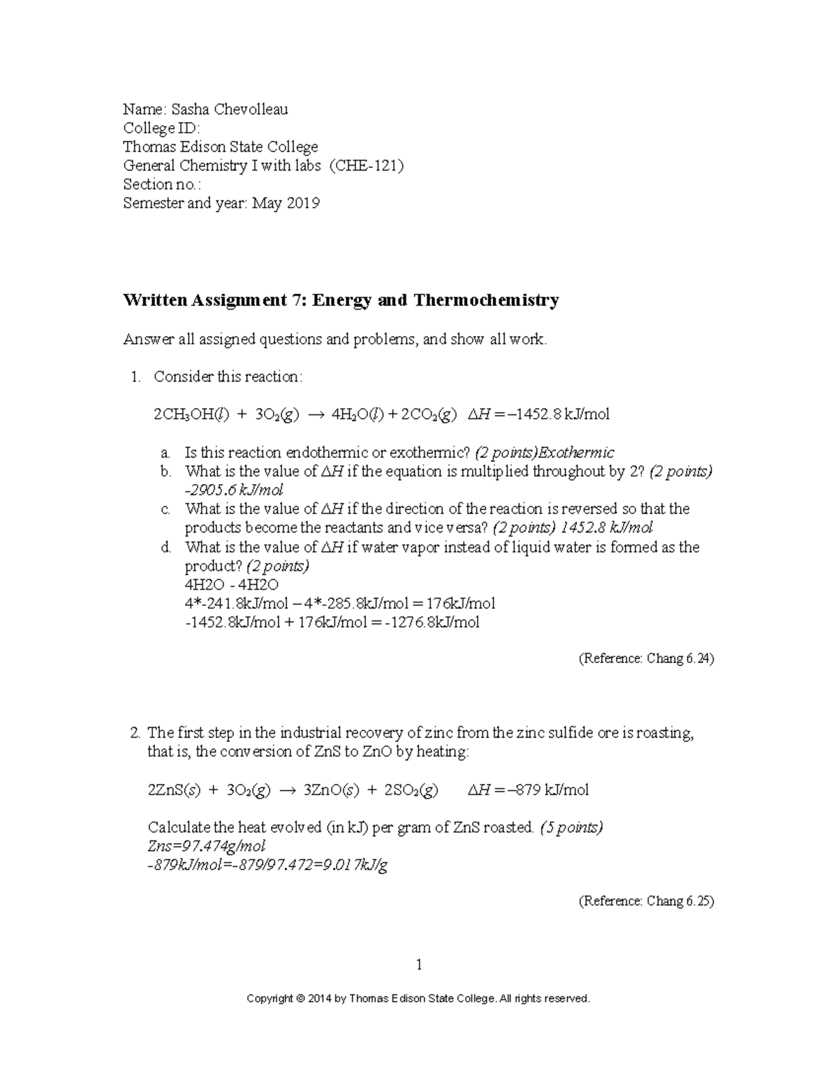 General Chemistry I: Written Assignment 7 on Energy & Thermochemistry ...