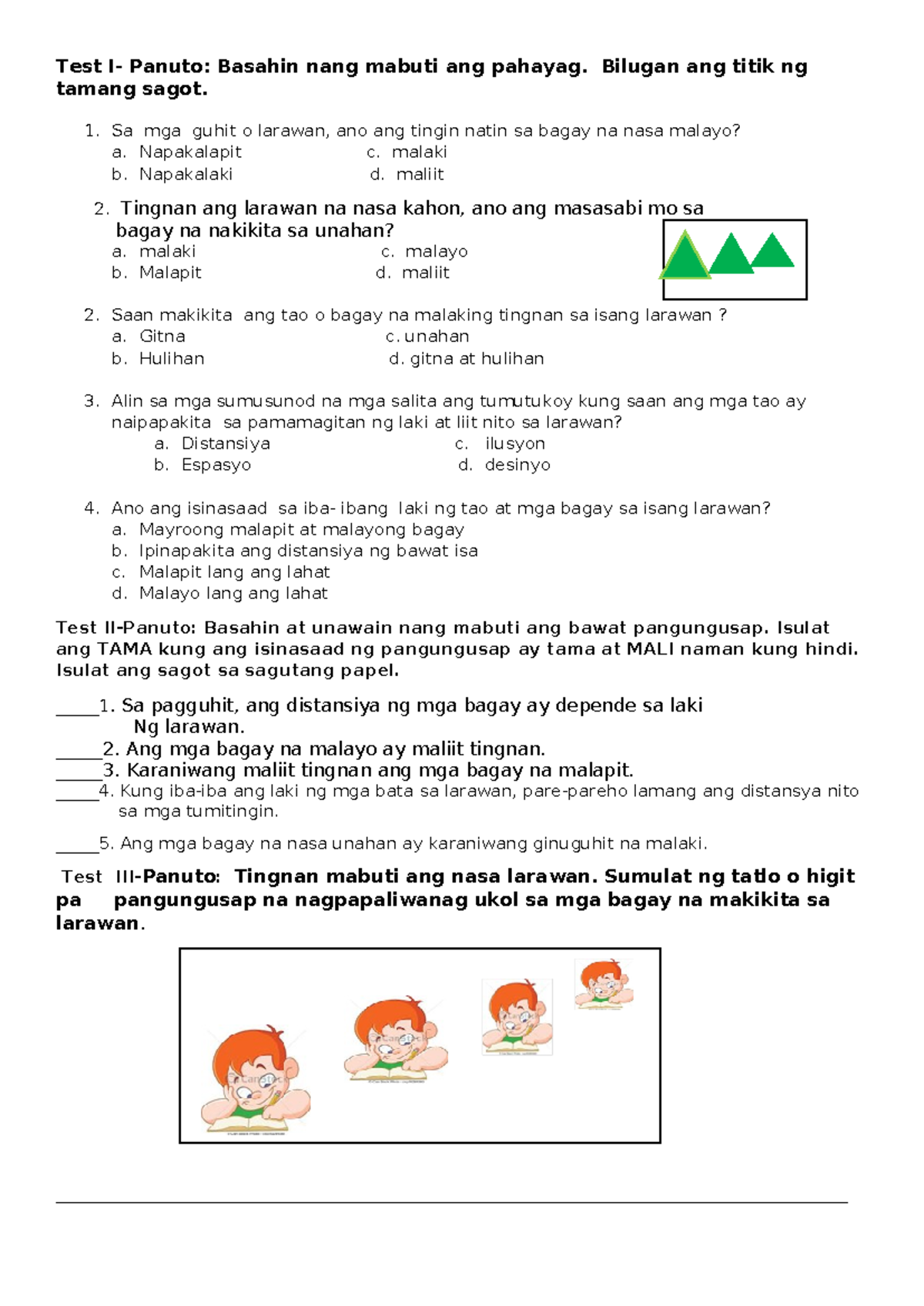 Summative Tests: Understanding Visual Distance and Size Perception ...