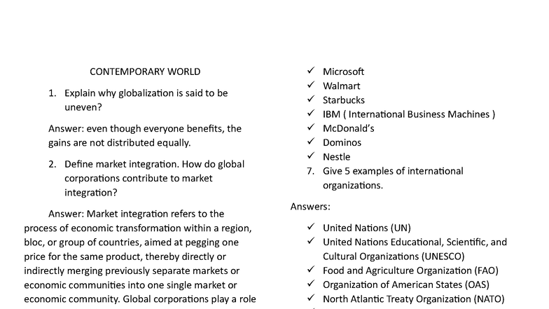 CW 1: Globalization, Market Integration, and Global Governance Q&A ...