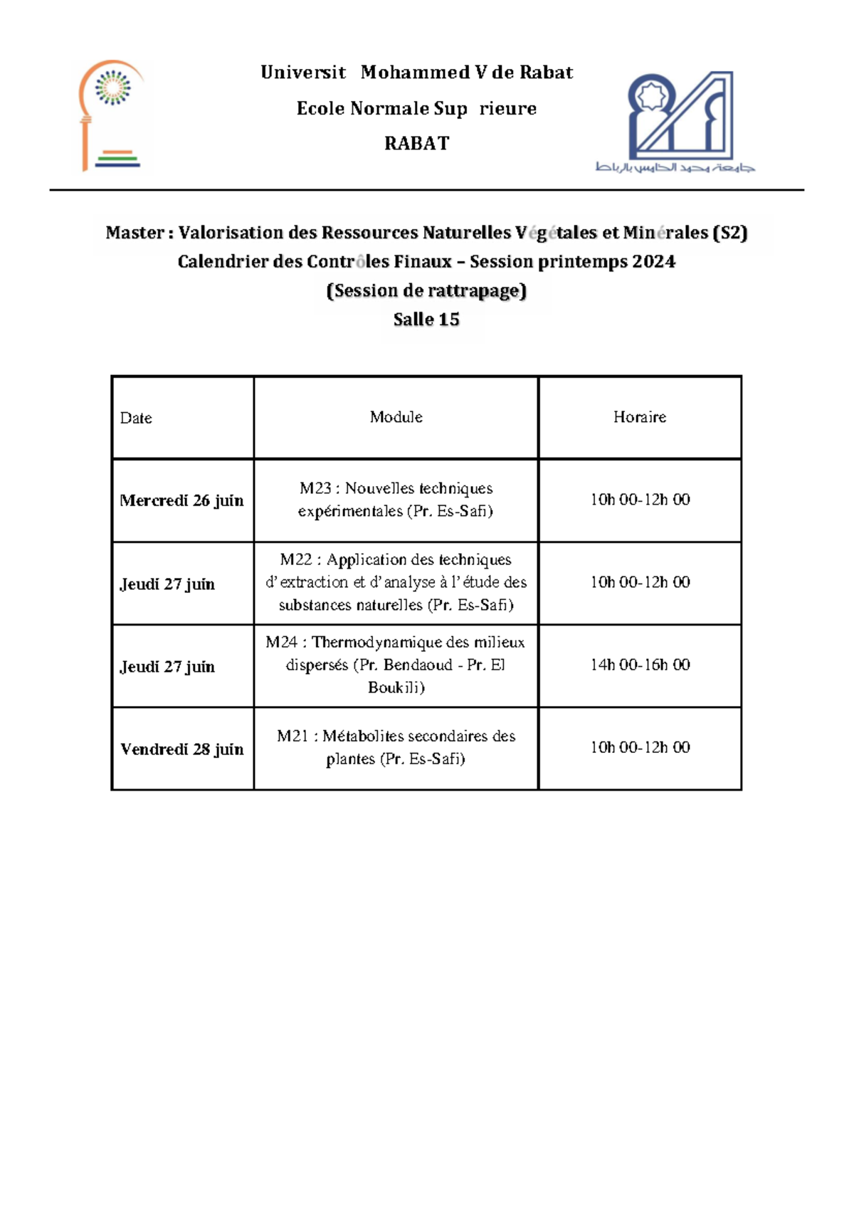 Calendrier CFR M Varenavem S2 Printemps 2024 - Université Mohammed V de ...