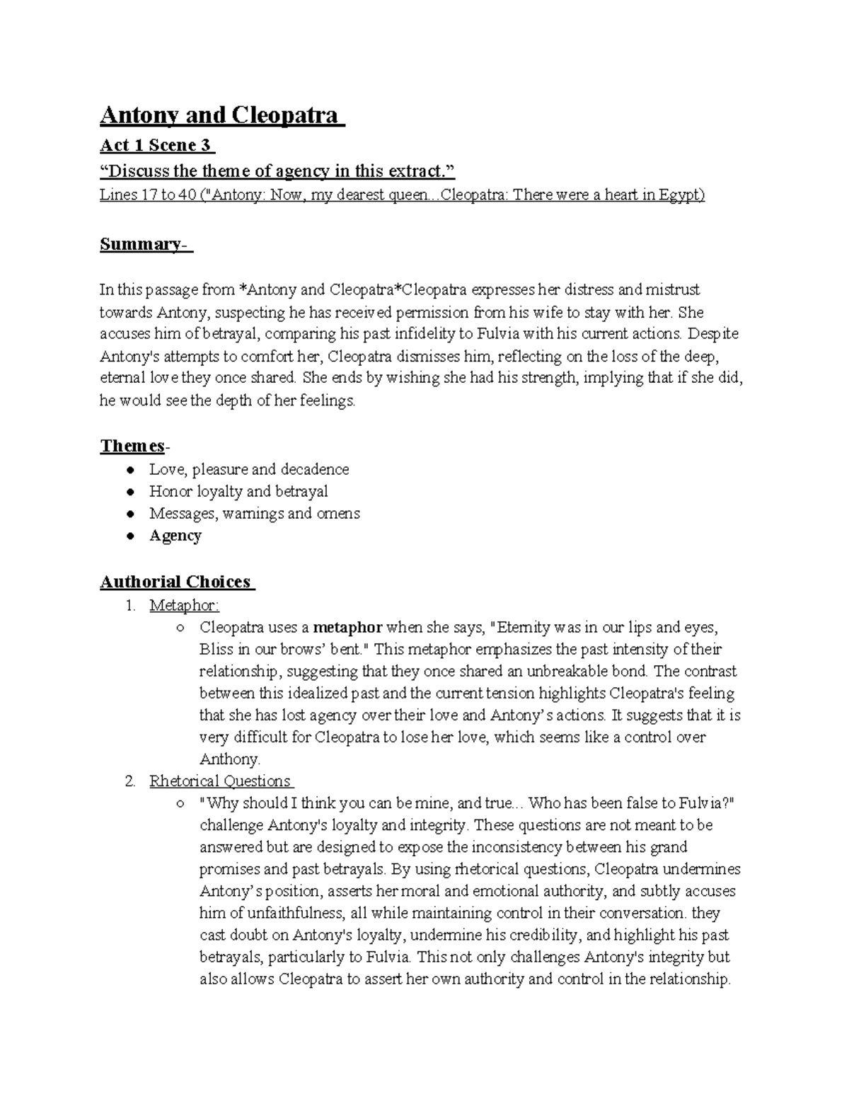 Antony and Cleopatra Act 1 Scene 3: Agency and Betrayal Analysis - Studocu