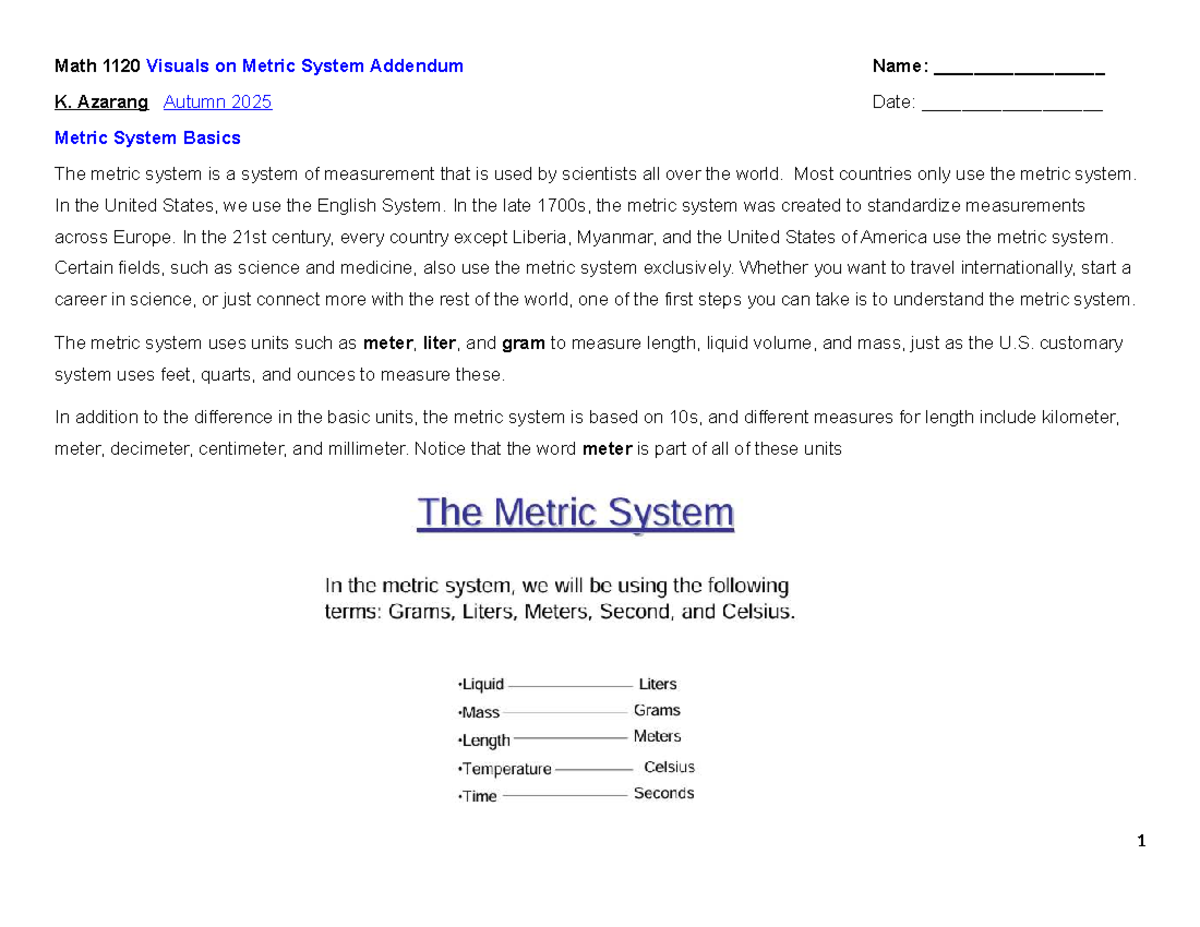 Math 1120: Visual Guide to Mastering the Metric System - Studocu