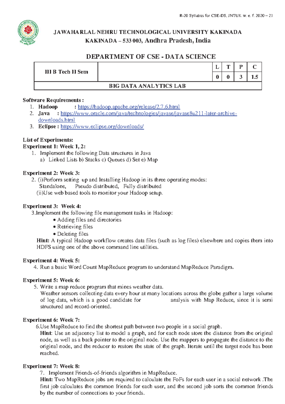Big Data Analytics LAB Manual (CSE-DS R-20) - JNTUK 2025 - Studocu