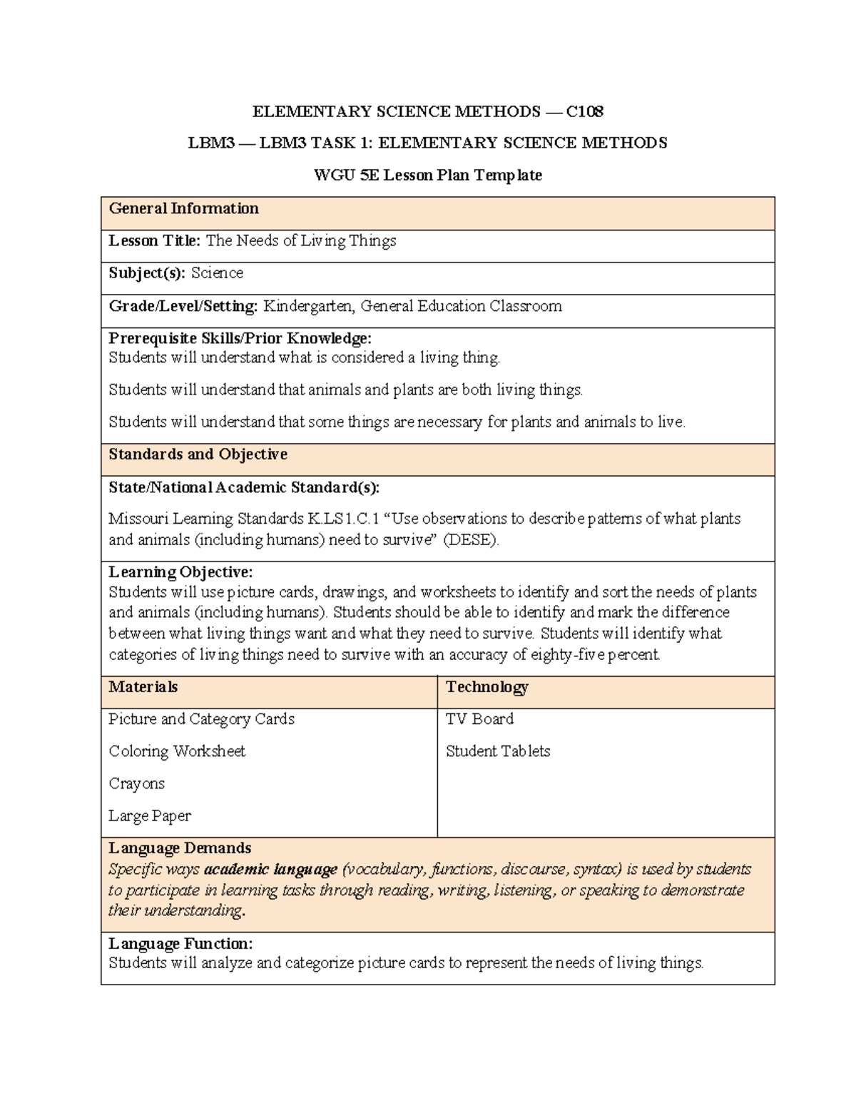 LBM3 TASK 1: Needs of Living Things - A 5E Lesson Plan in Science C108 ...