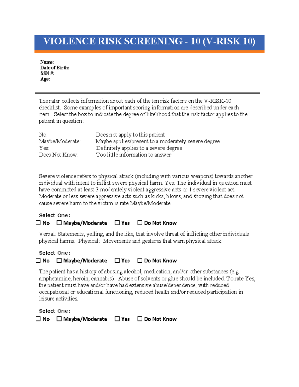 V-RISK-10 - Comprehensive Violence Risk Assessment Guidelines - Studocu