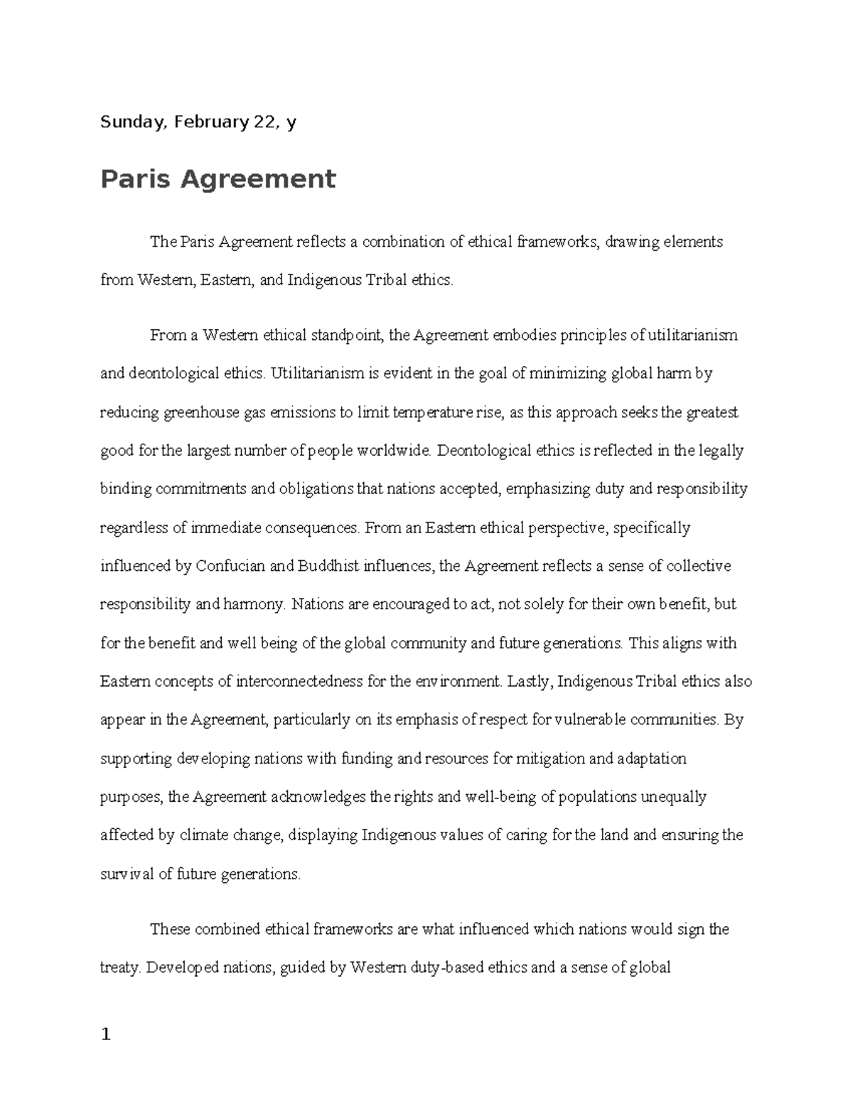 Module 5 Short Paper: Ethical Frameworks in the Paris Agreement - Studocu