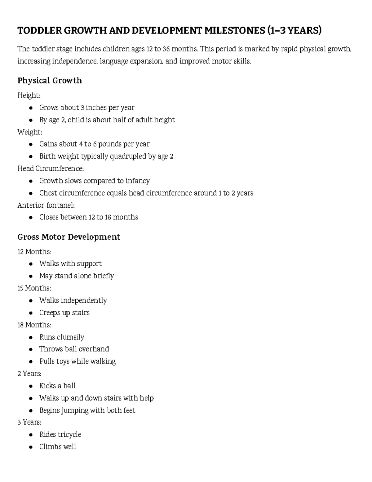 Toddler Growth and Development Milestones (1-3 Years) - Studocu