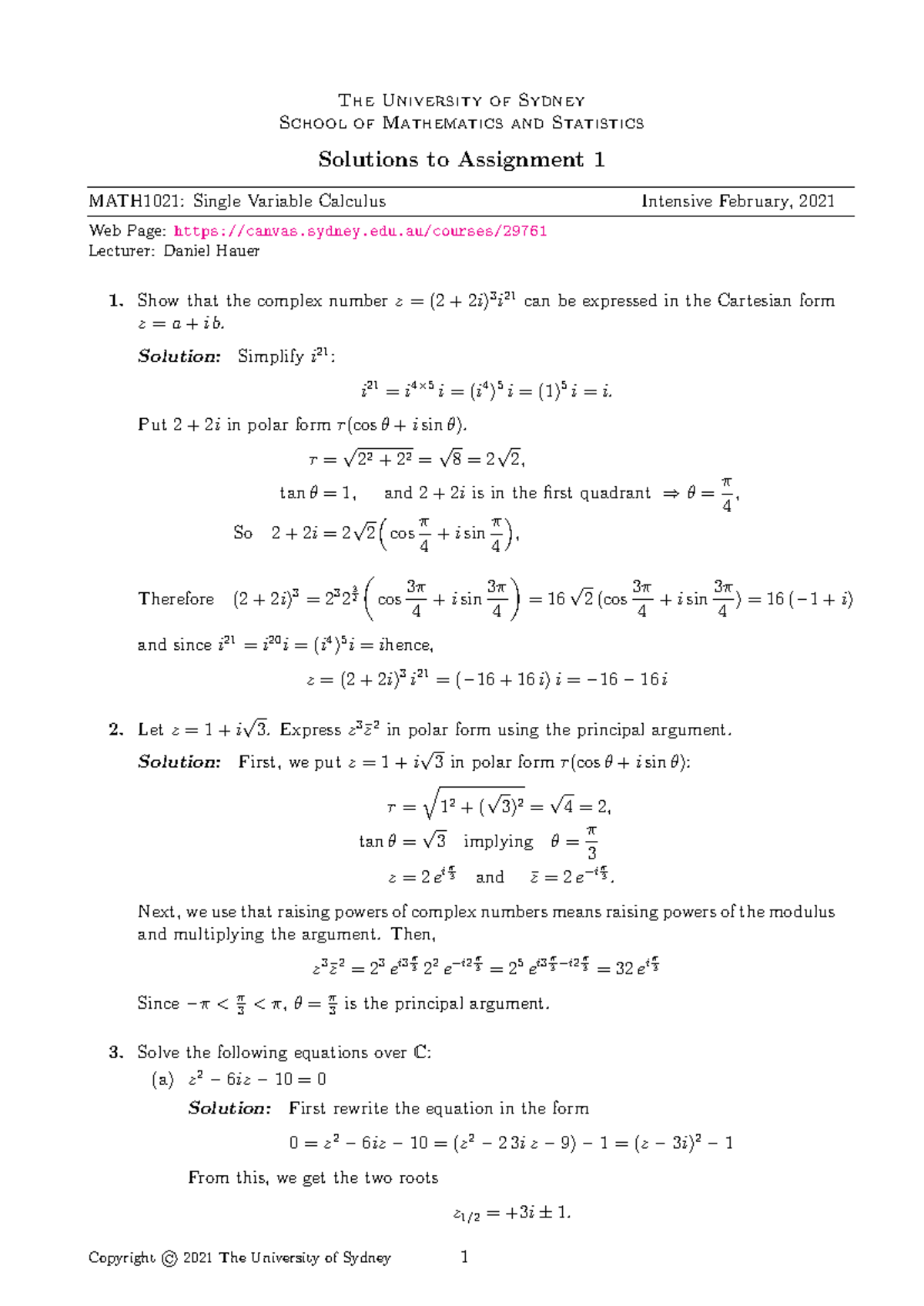 MATH1021 Assignment 1 Official Solutions - 2021 Semester 1 - Studocu