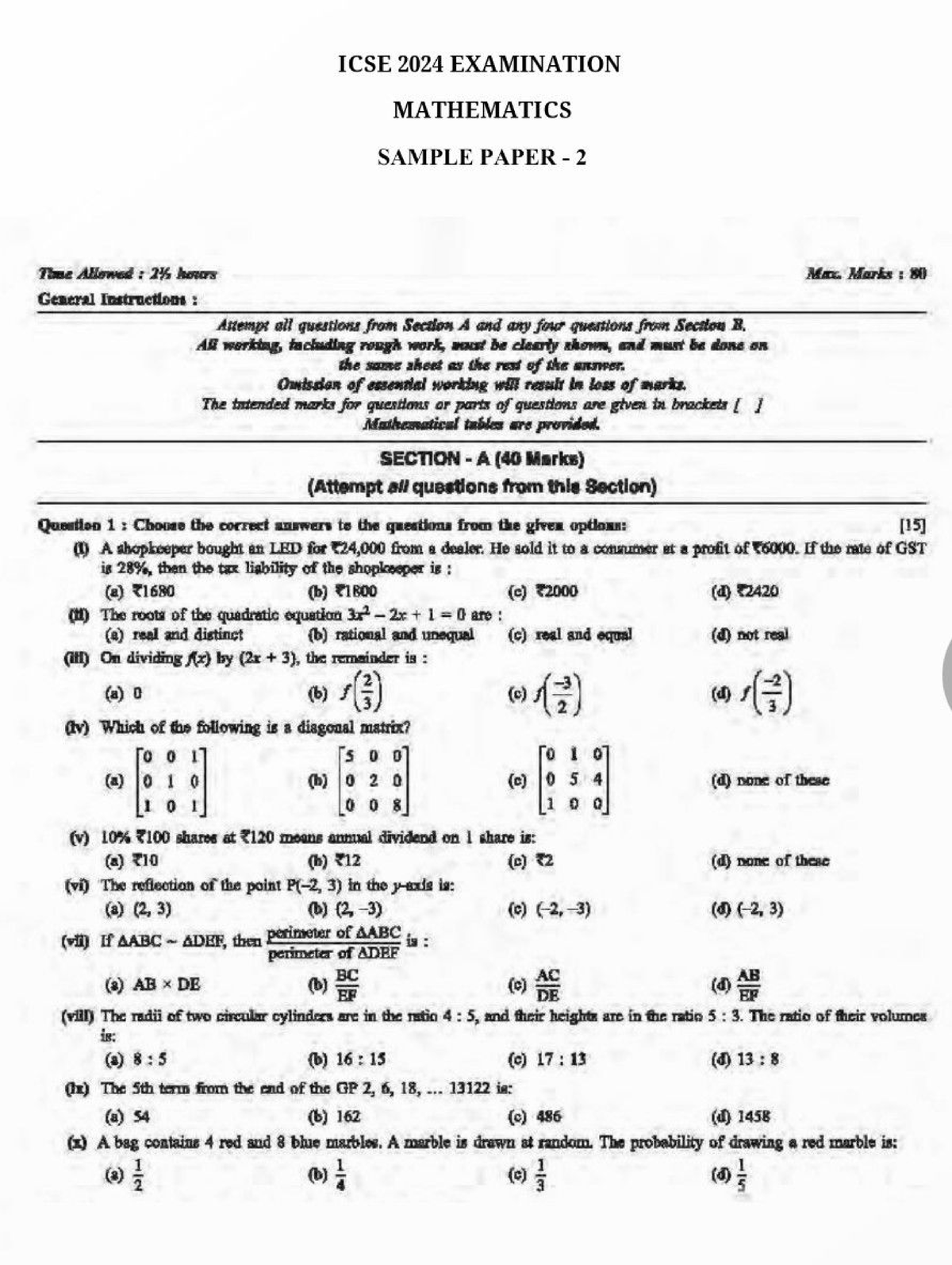 Mathematics Sample Paper -2 Grade 10 - ICSE 2024 EXAMINATION ...