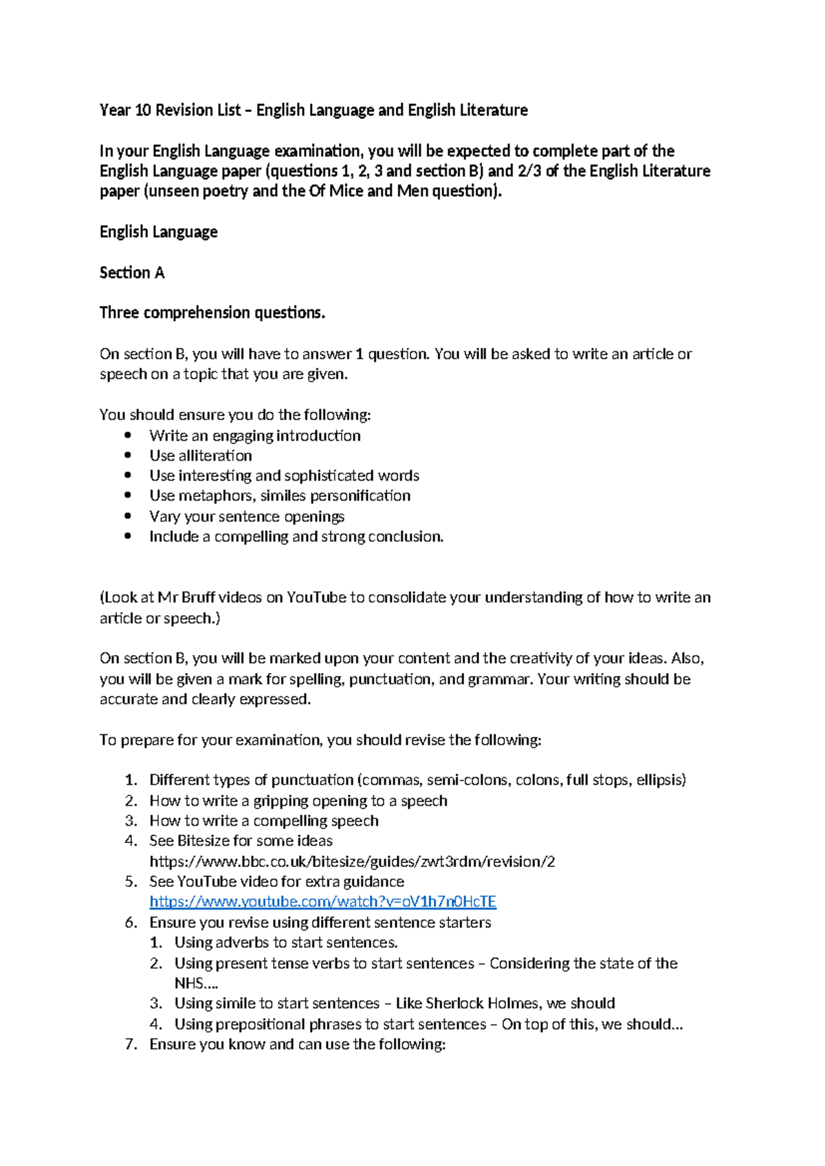 Year 10 English Language & Literature Revision List 2026 - Studocu