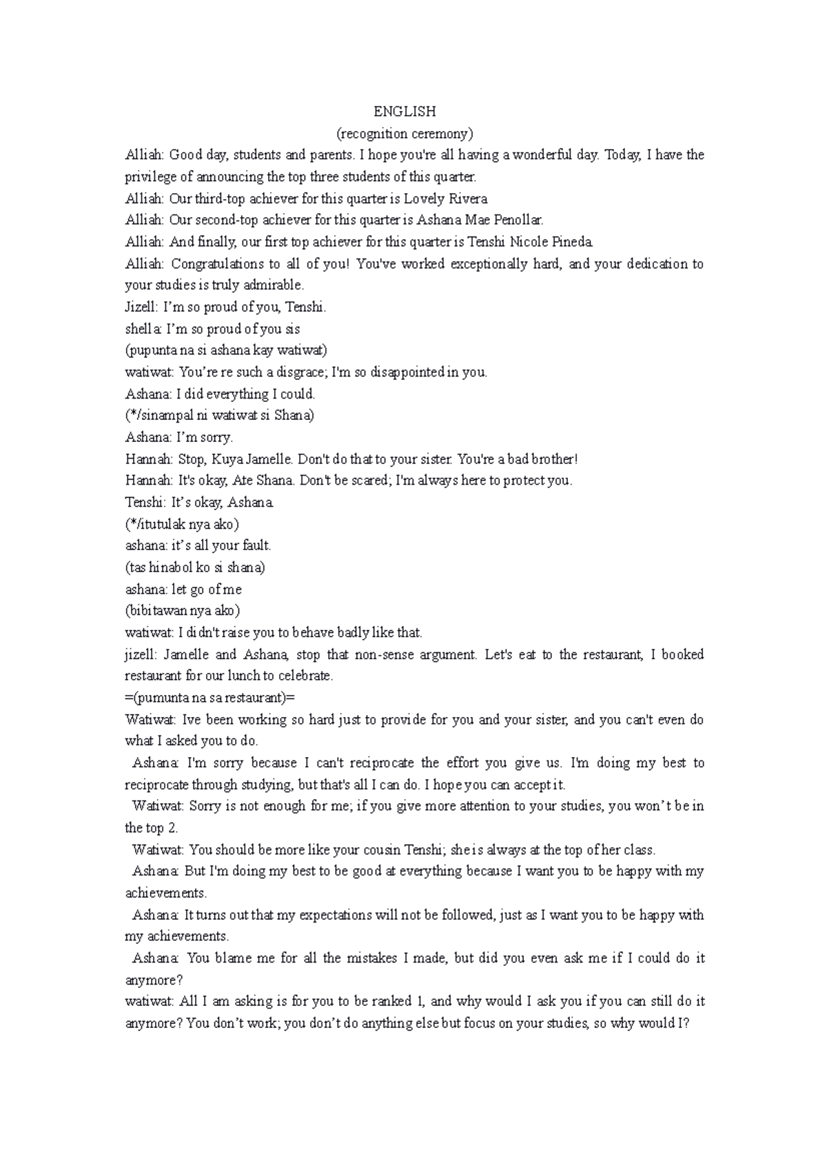 English 1 - Recognition Ceremony Notes and Student Achievements - Studocu