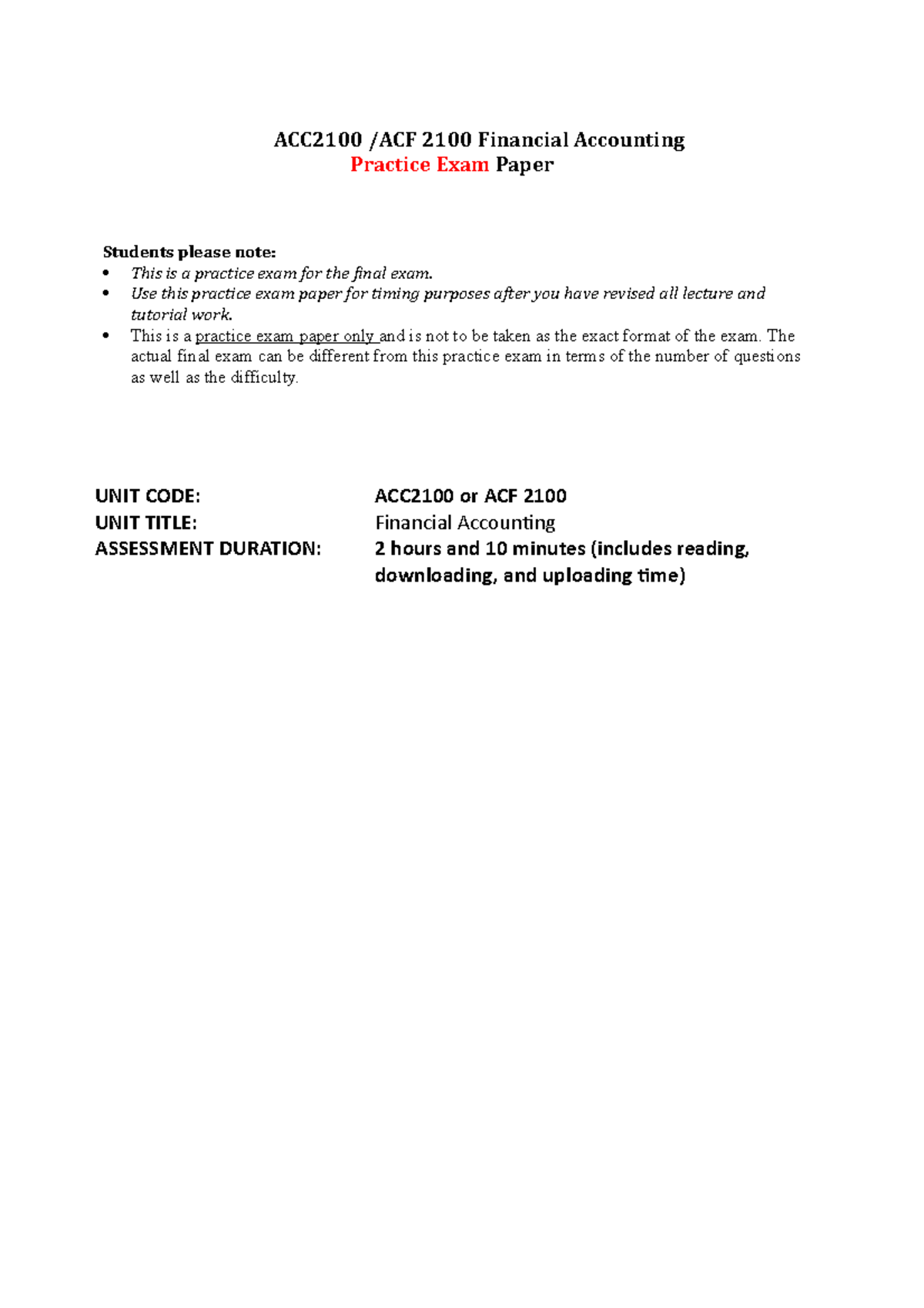 ACC ACF 2100 Practice Exam Paper for Financial Accounting S1 - Studocu