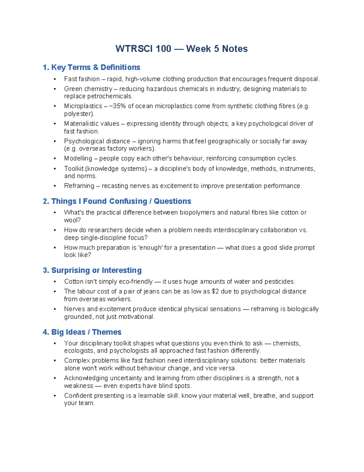 WTRSCI 100 Week 5 Lecture Notes: Key Terms & Insights on Fast Fashion ...