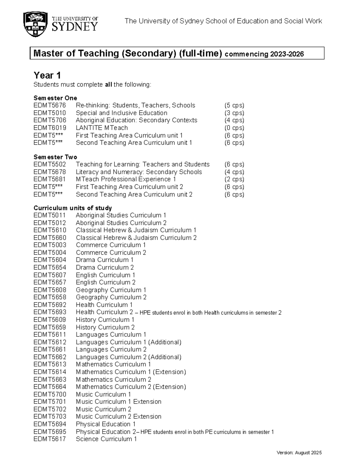 2026 MTeach Secondary Course Structure Overview - Studocu
