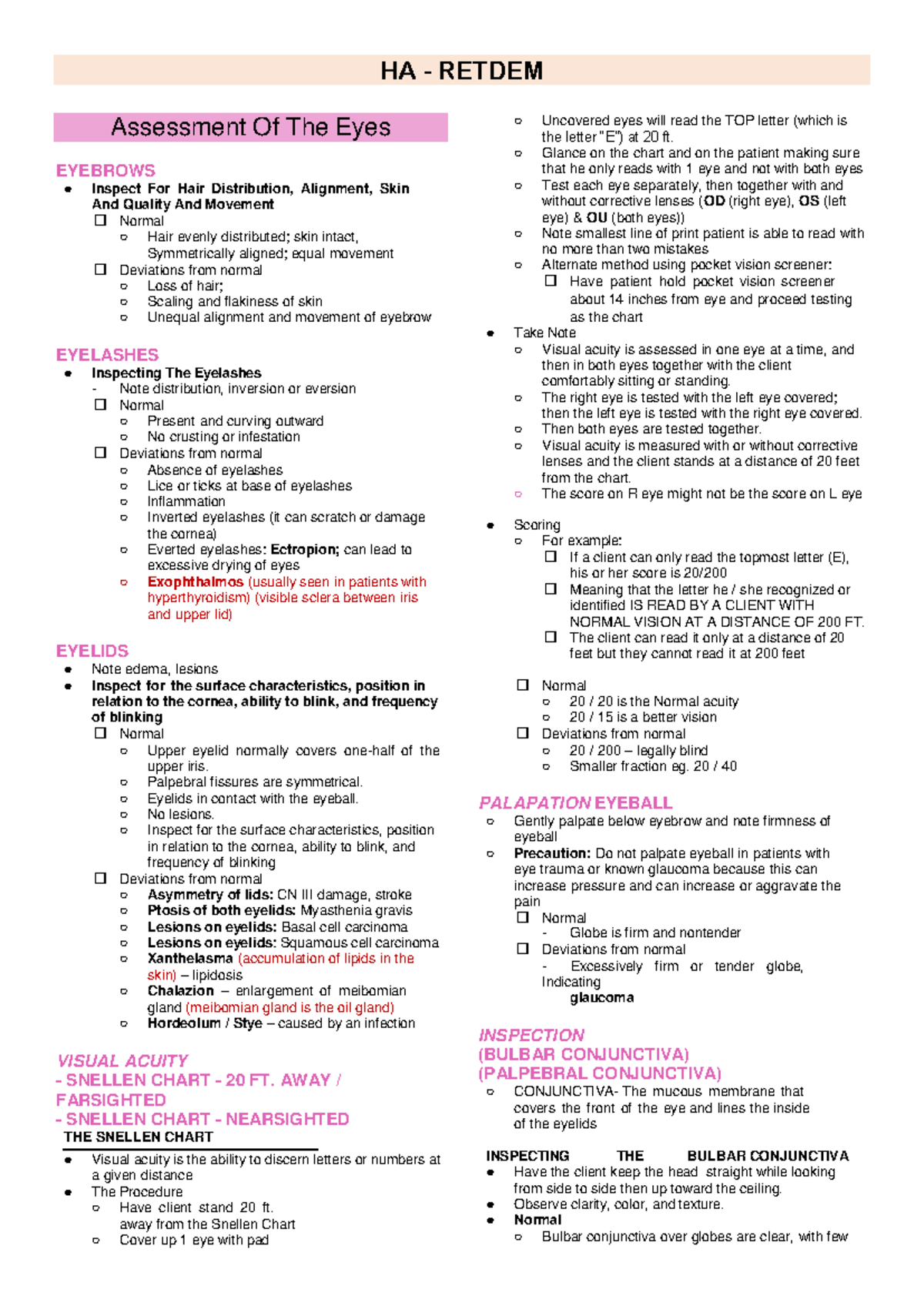 HA RETDEM EYES EARS Thorax and Lungs Assessment Notes - Studocu
