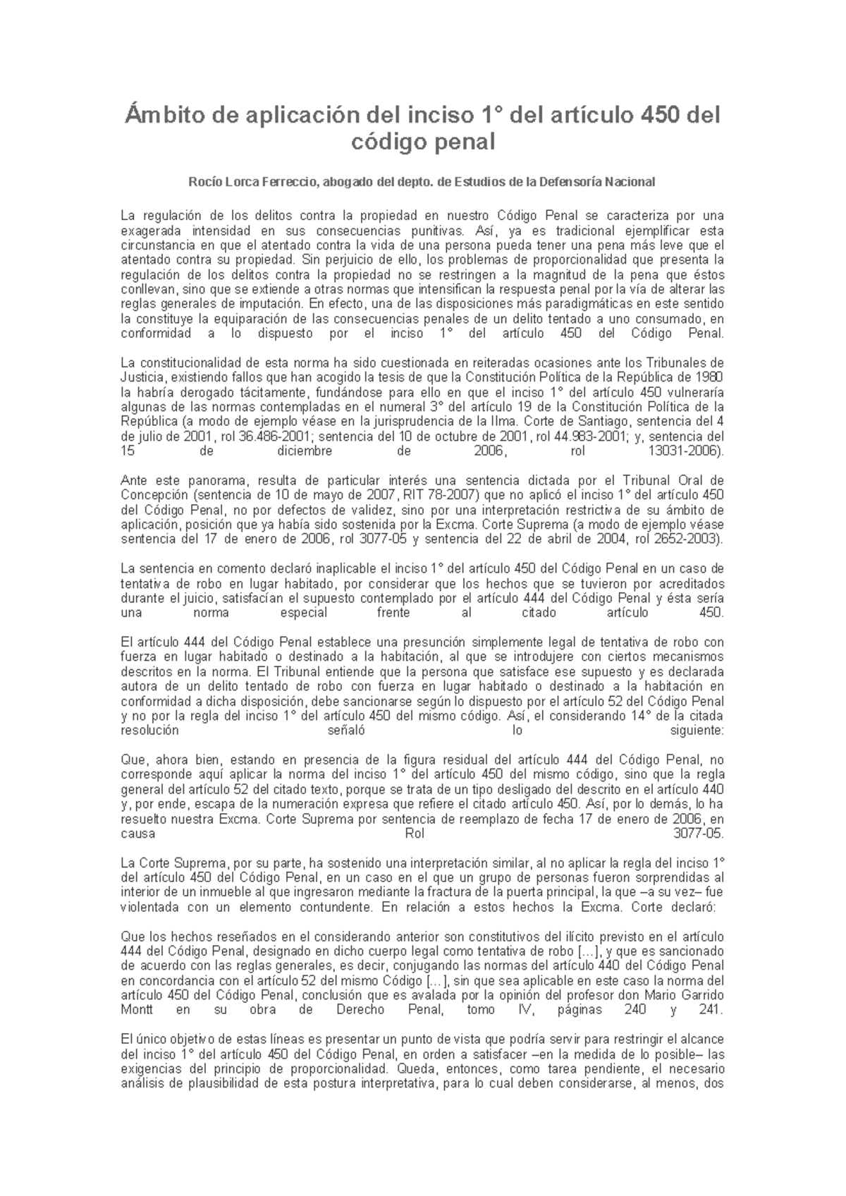 Ámbito de Aplicación del Inciso 1° del Artículo 450 del Código Penal ...