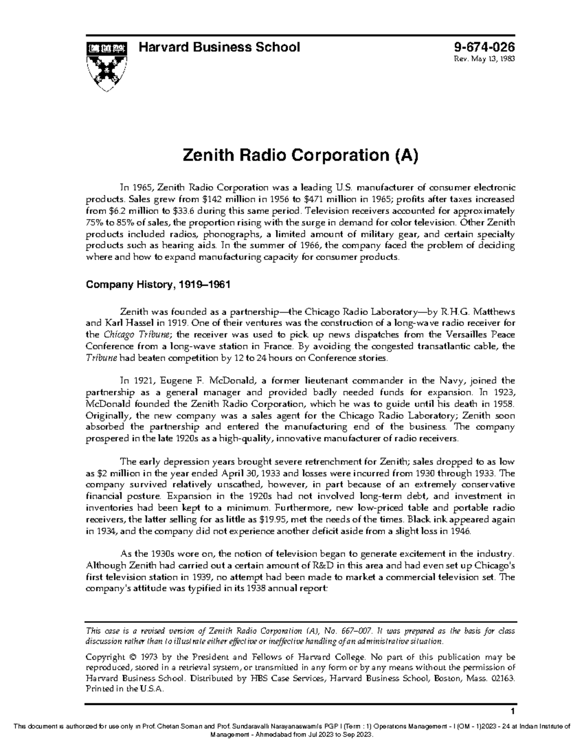 Zenith Radio Corporation (A) Case Study Analysis - PGP I (OM - 1) 2023 ...