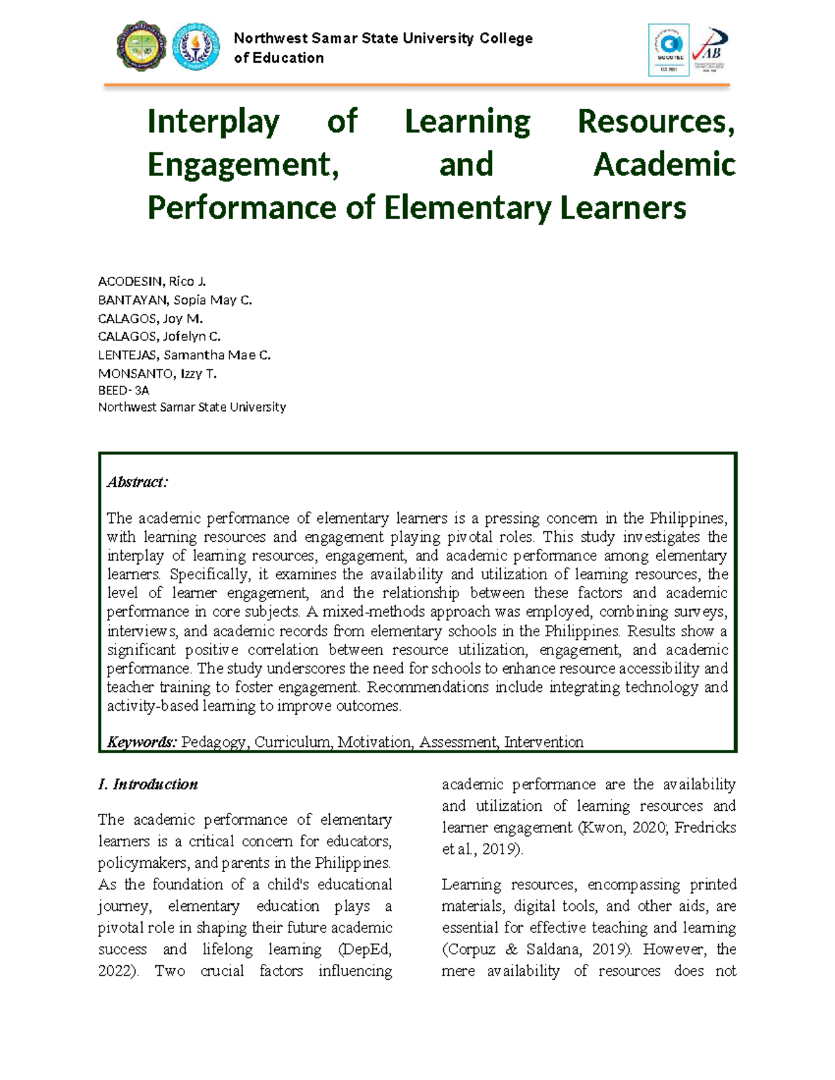 Interplay of Learning Resources and Engagement in Academic Performance ...