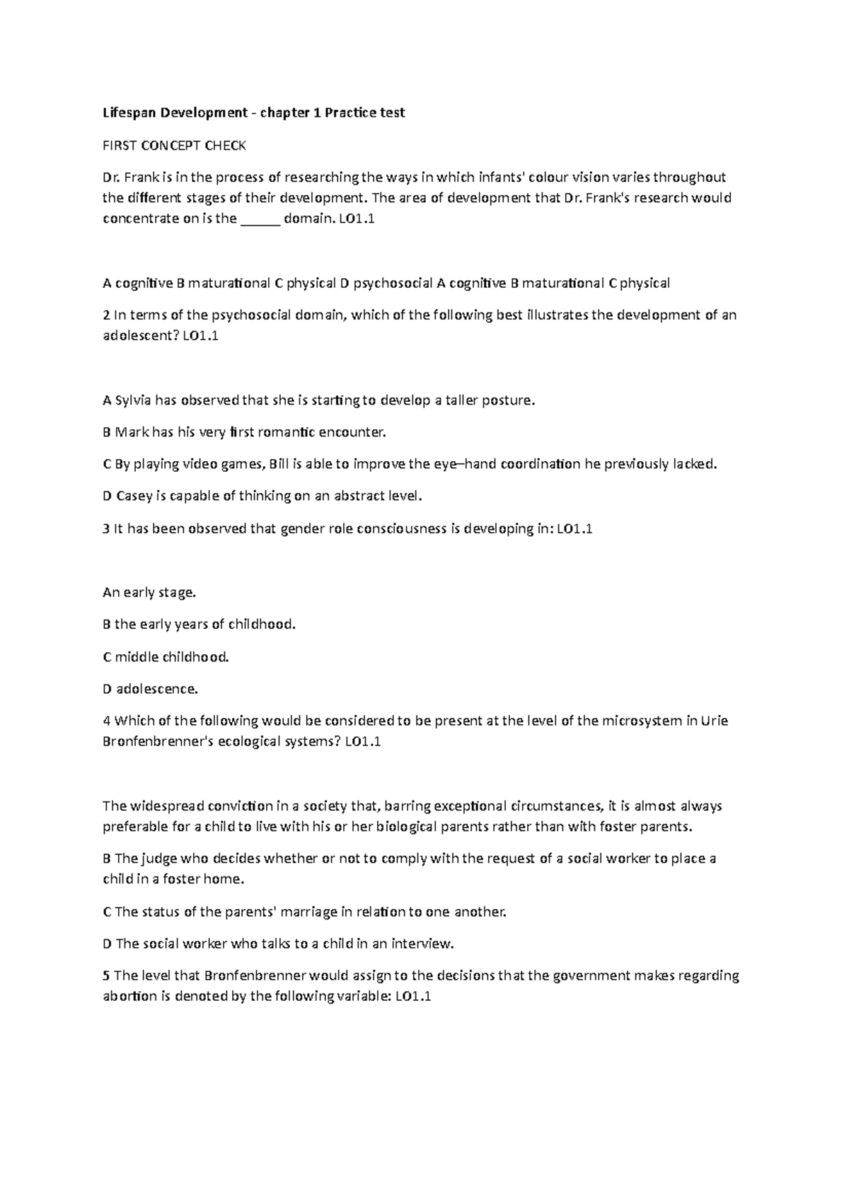 Lifespan Development Ch 1 Practice Test Answers And Review Guide Studocu