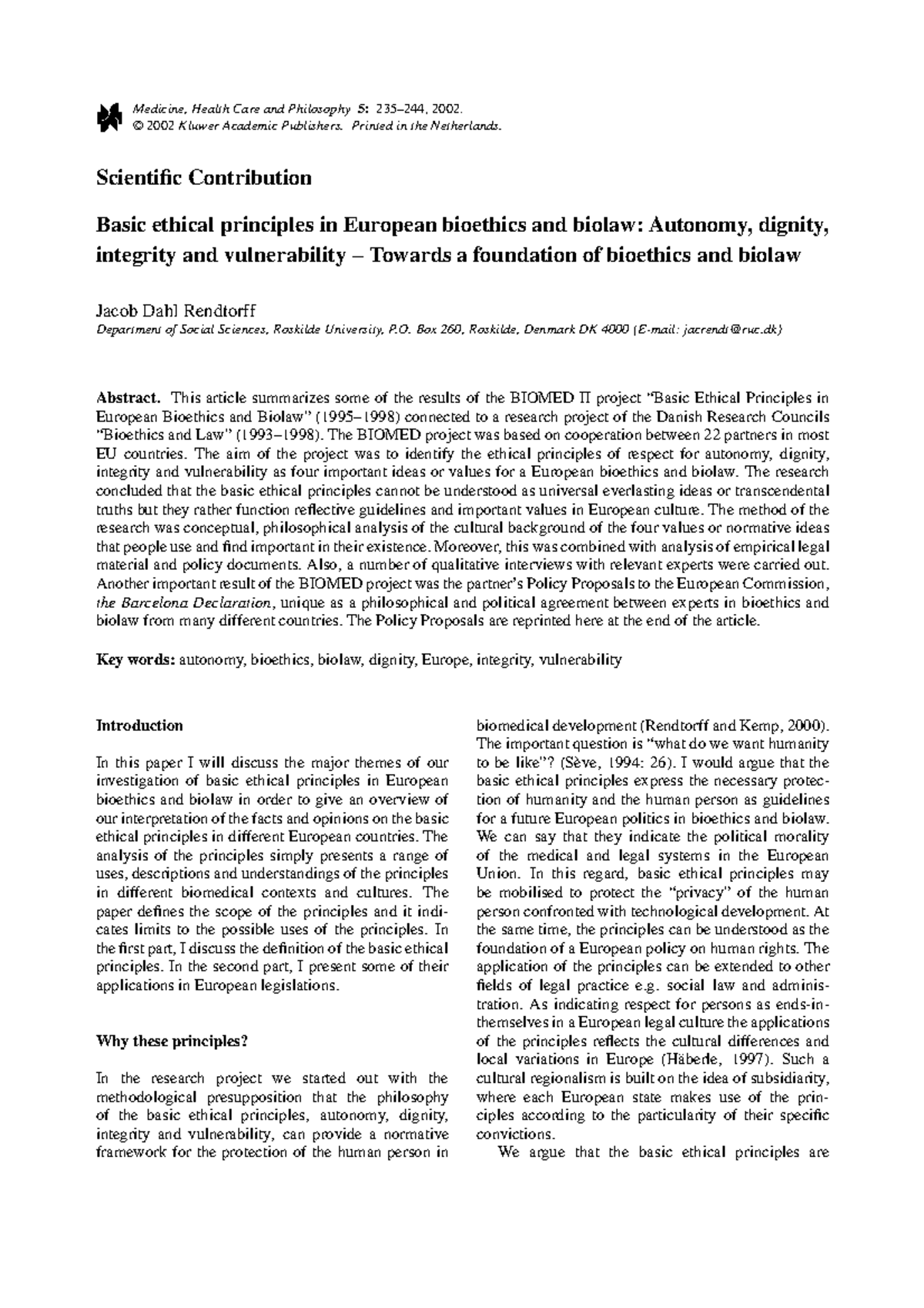 Basic Ethical Principles in European Bioethics - BIOMED-II Insights ...