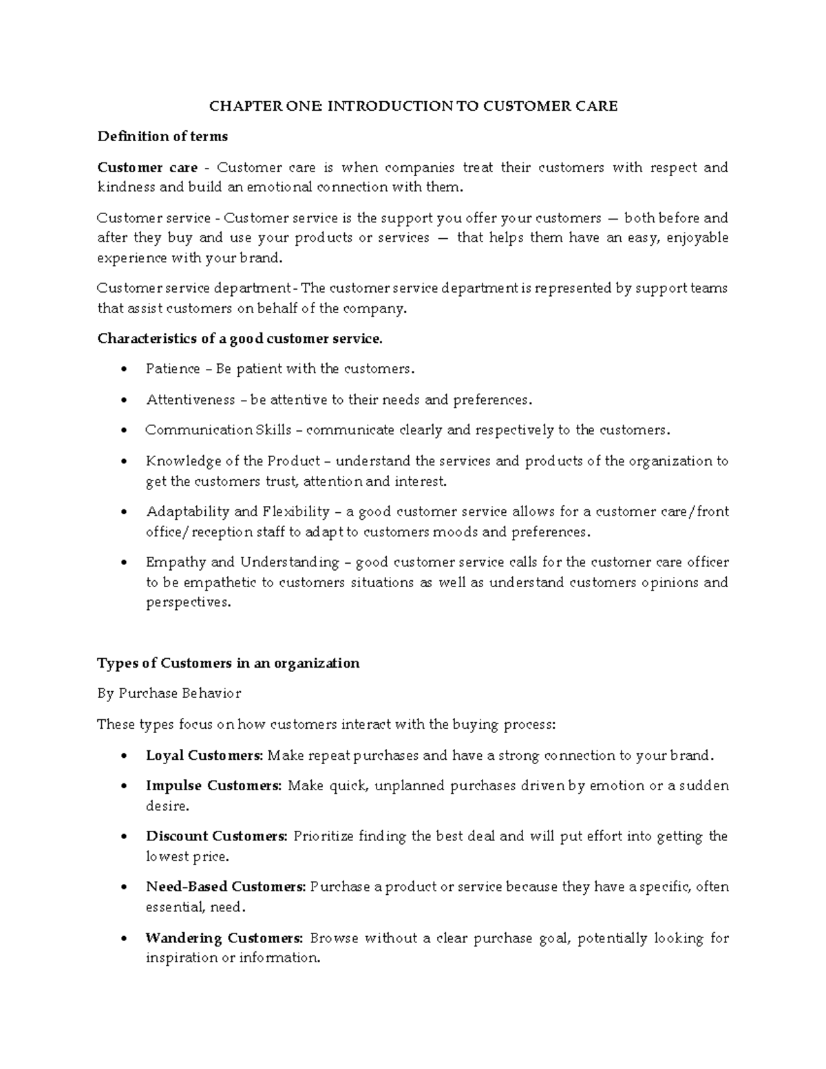 Customer CARE Notes: Introduction to Customer Service Concepts - Studocu