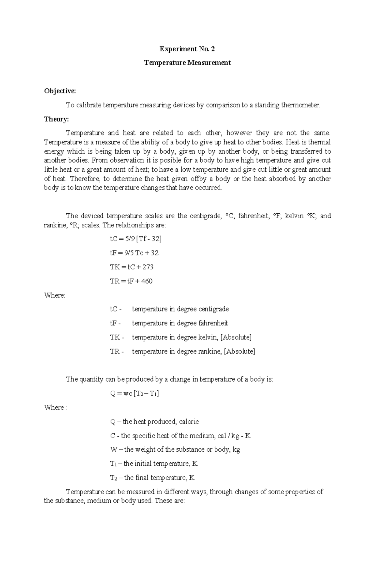 Experiment No. 2: Calibration of Temperature Measurement Tools - Studocu