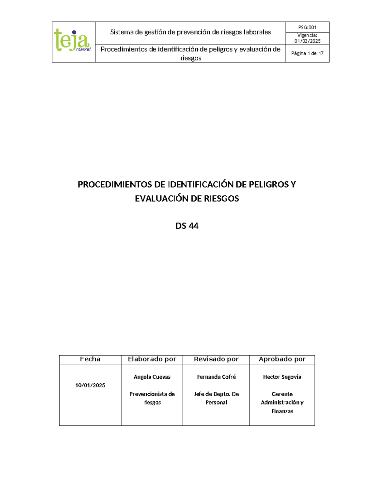 Procedimiento DS44: Identificación de Peligros y Evaluación de Riesgos ...
