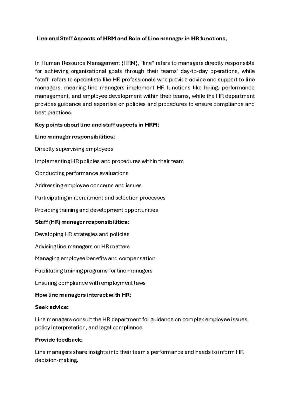 Line and Staff Roles in HRM: Insights from Session 2 HRM Class Notes ...