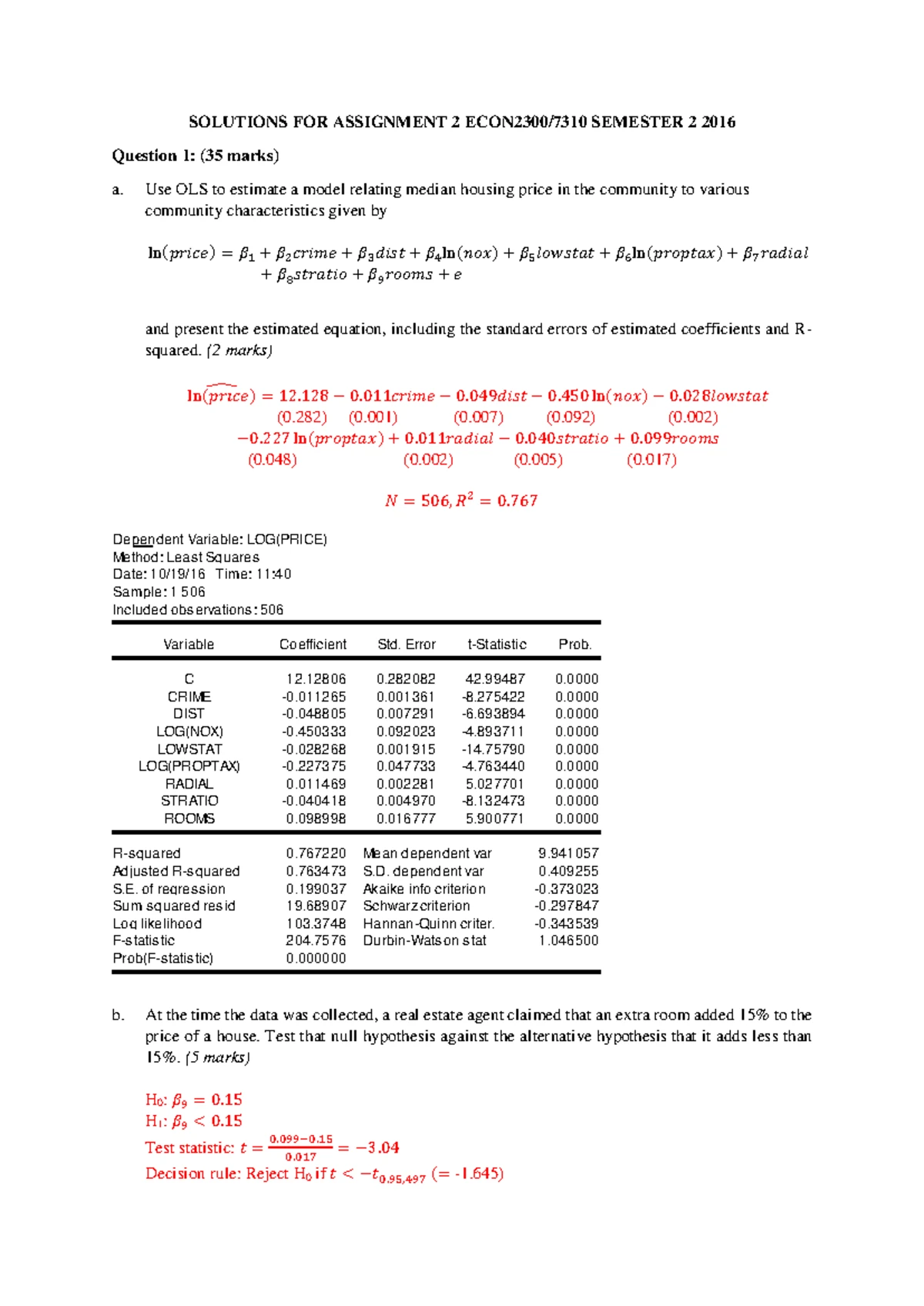 ECON 101: Econometrics Assignment 2 - Regression Analysis & Model ...