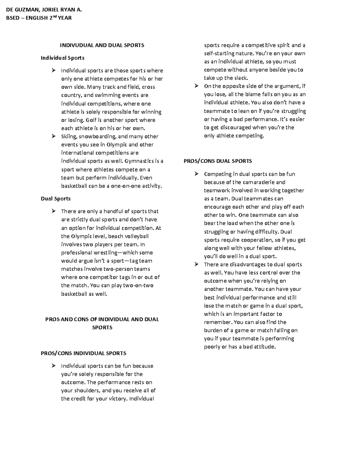 PE 3 Prelims Reviewer: Individual and Dual Sports Overview - Studocu