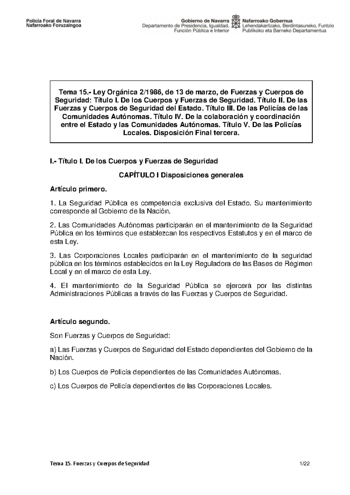 Tema 15 - Ley Orgánica de Fuerzas y Cuerpos de Seguridad - Studocu