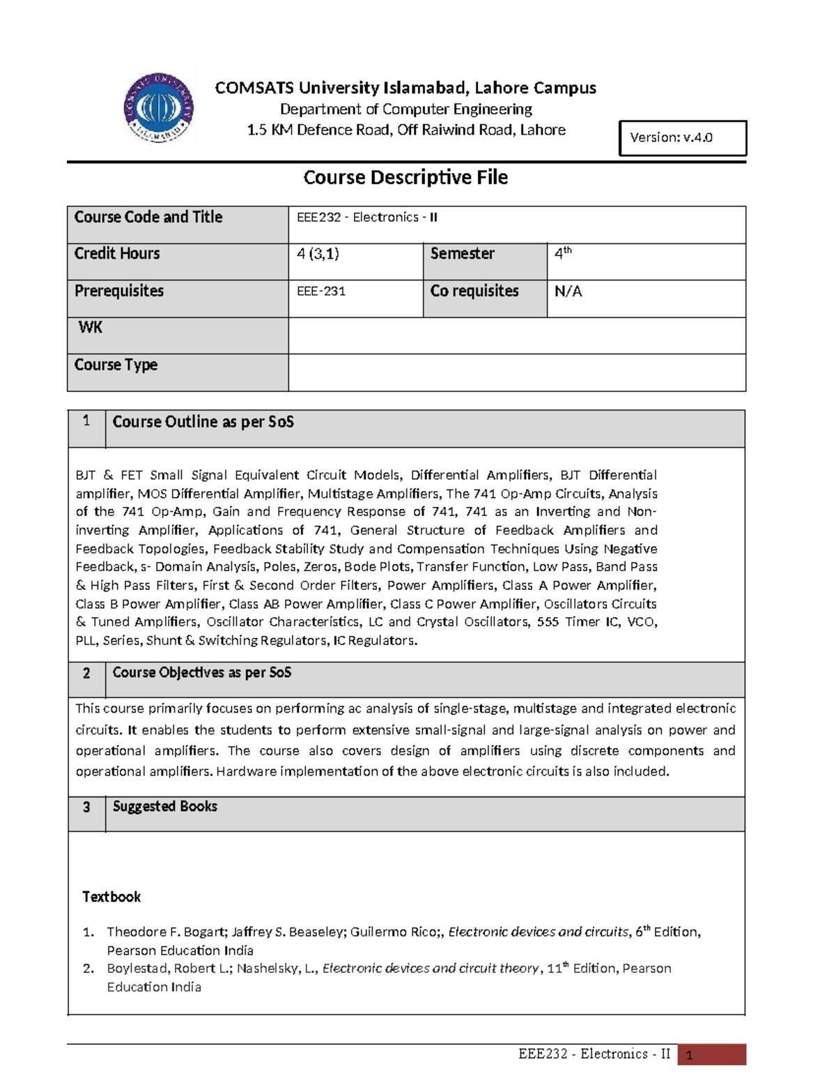 MD4. EEE232 Electronics II Course Outline and Learning Outcomes - Studocu