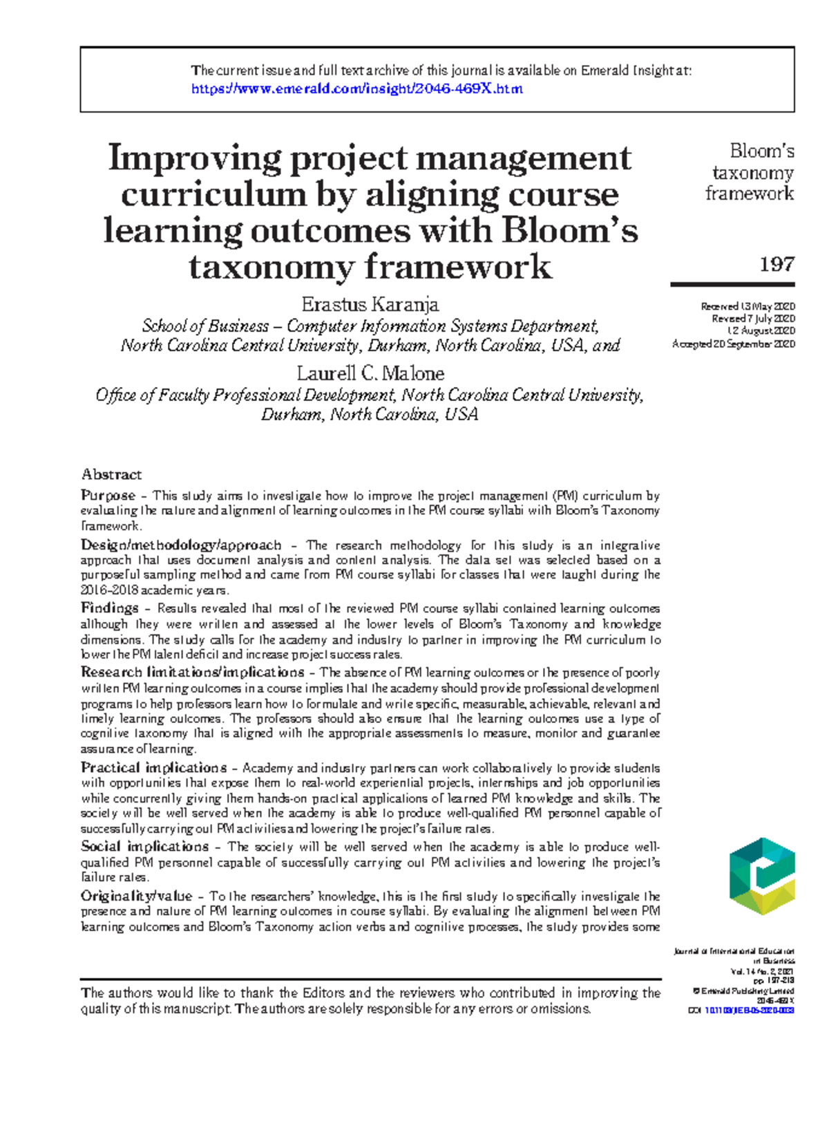 Aligning PM Curriculum with Bloom's Taxonomy Outcomes: A Study - Studocu