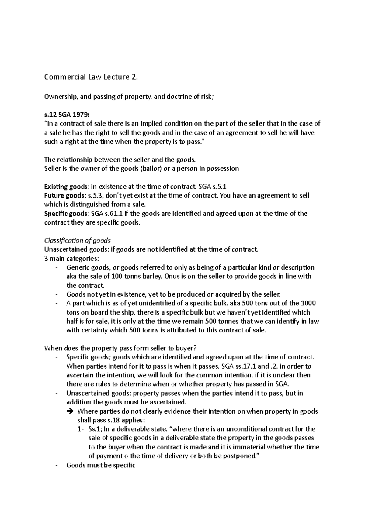 Commercial Law Lecture 2 - Ownership, and passing of property, and ...