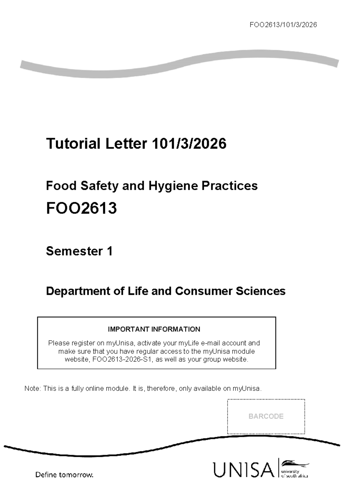 FOO2613 Tutorial Letter 101: Food Safety & Hygiene Practices - Studocu