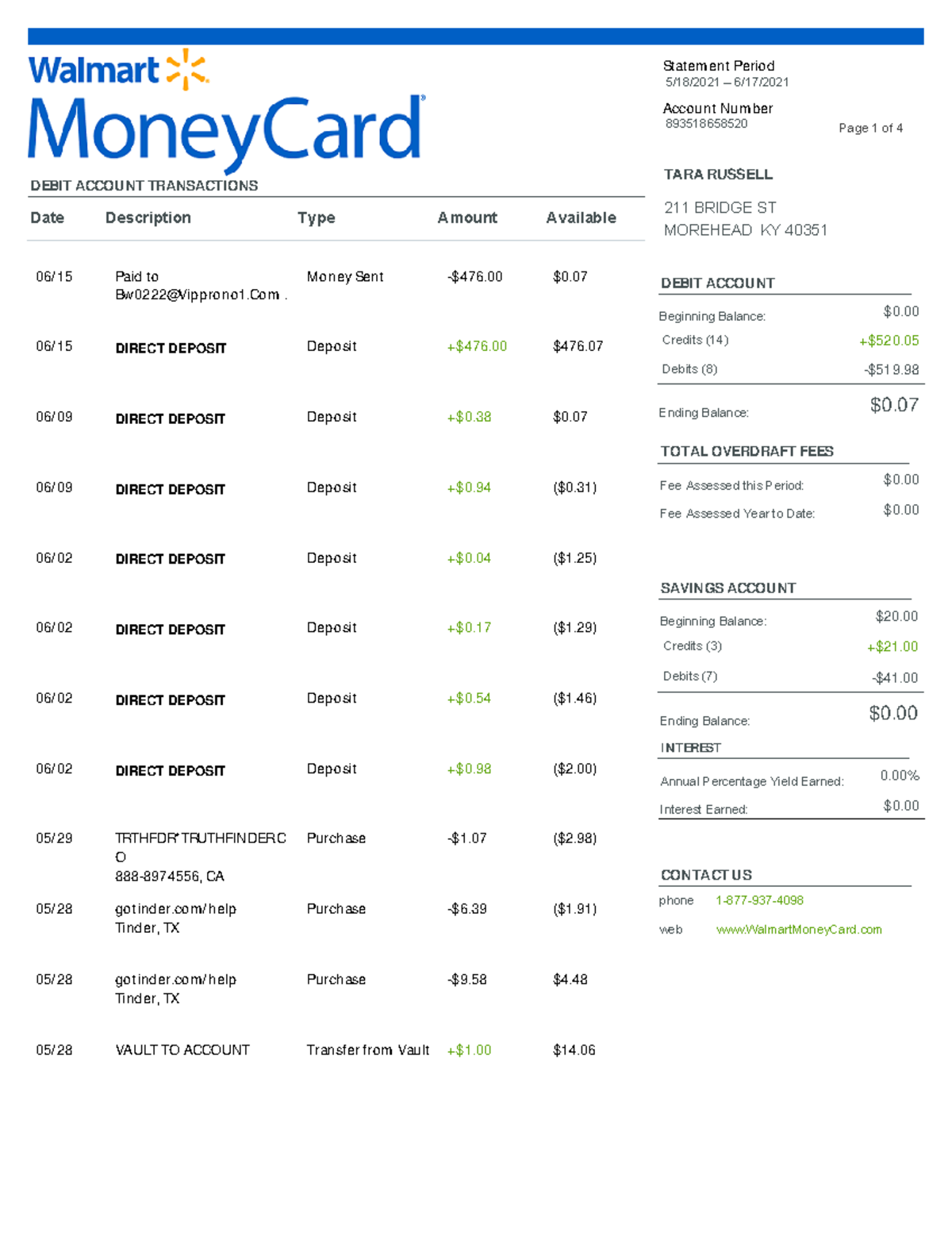 Walmart MoneyCard Statement Overview 241298820 17020992 - Studocu