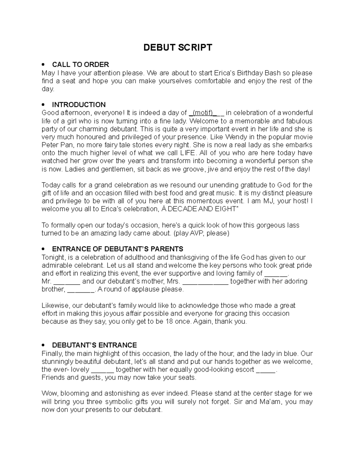 Erica's Debut Celebration Script: A Memorable 18th Birthday - Studocu