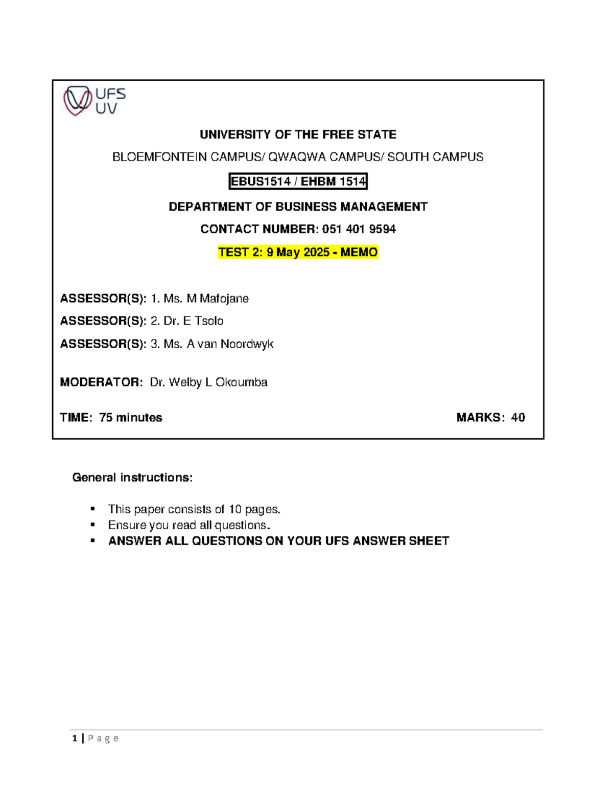 EBUS1514 EHBM1514 Test 2 2025 Memo and Solutions - Studocu