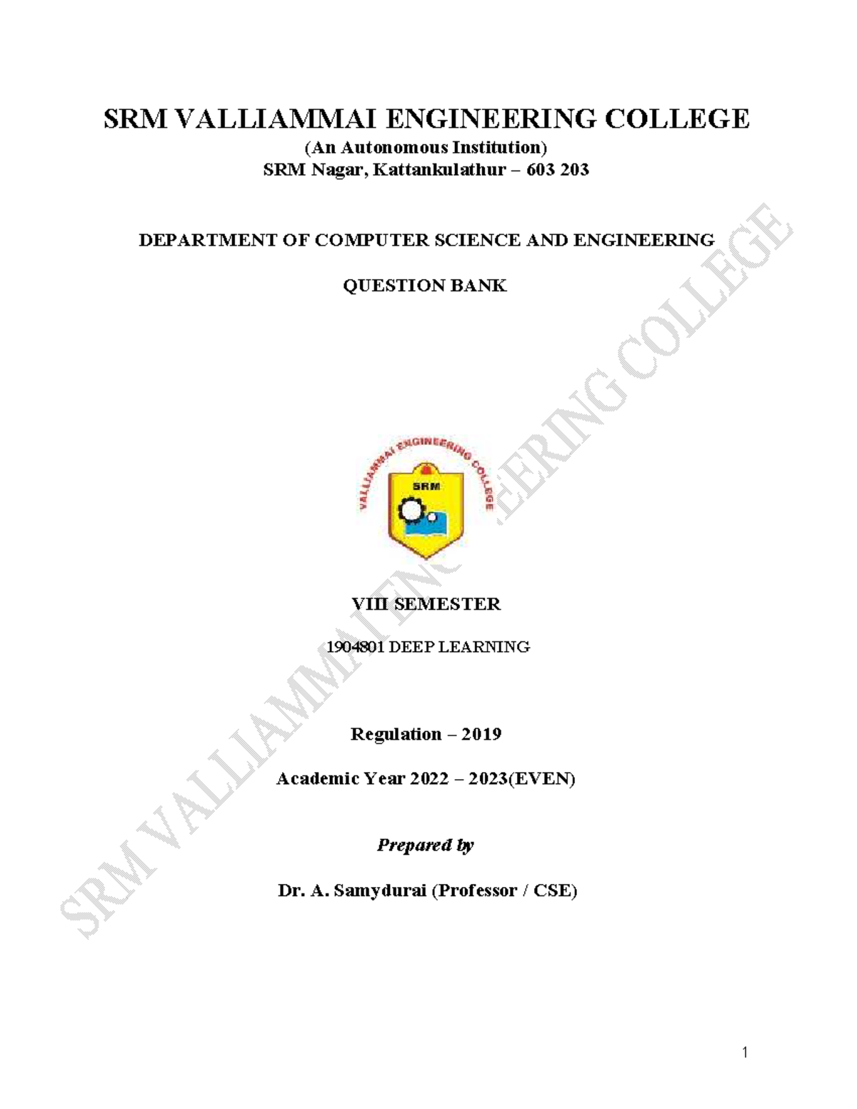 1904801 Deep Learning Question Bank for VIII Semester CSE - Studocu
