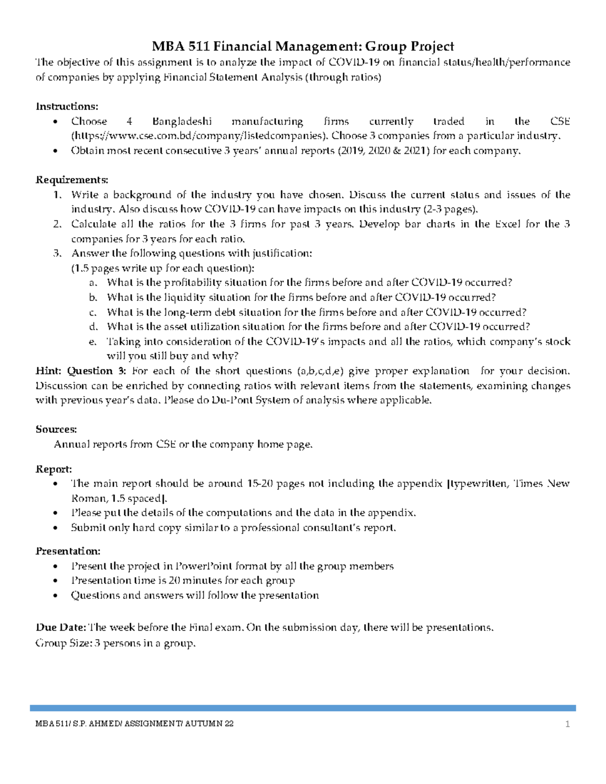 Assignment for Autumn 22-1 - MBA 511/ S. AHMED/ ASSIGNMENT/ AUTUMN 22 1 ...