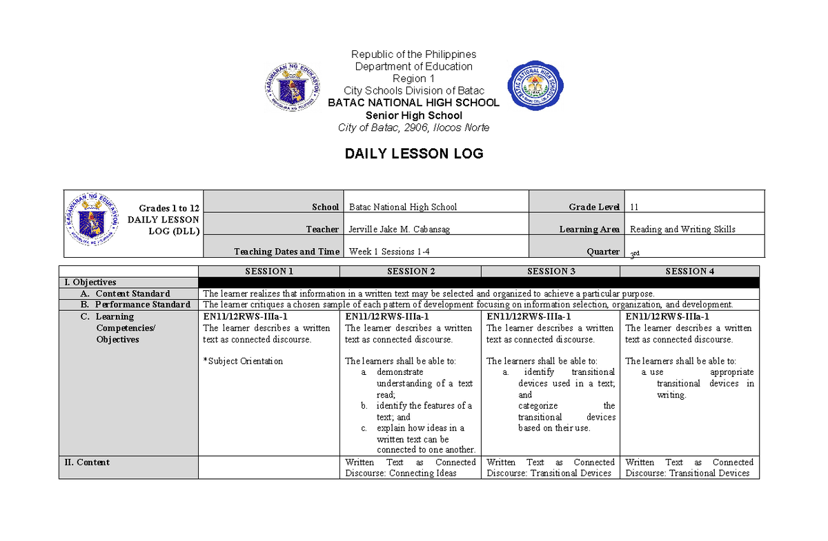 Daily Lesson Log (DLL) for Reading and Writing Skills - Grade 11 - Studocu