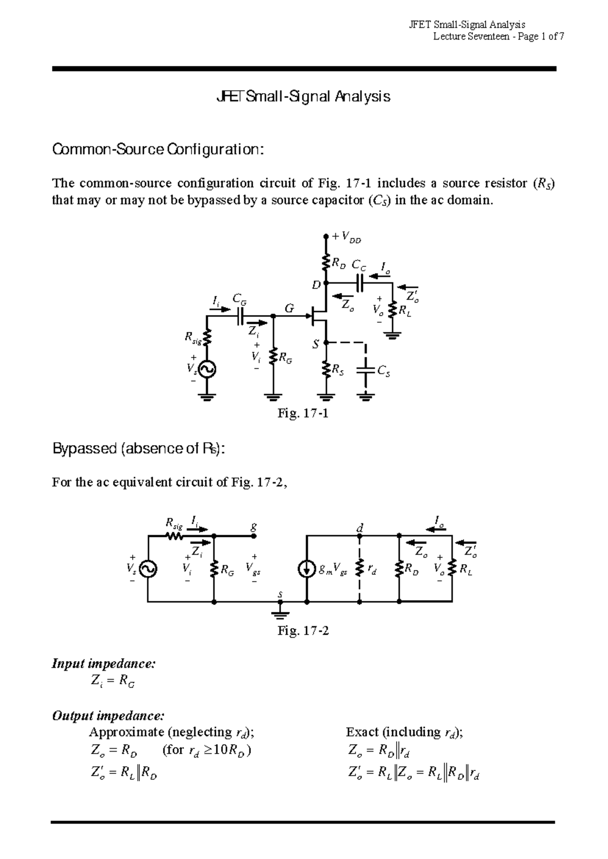 JFET Analysis Lecture 17: Small Signal Analysis and Configurations ...