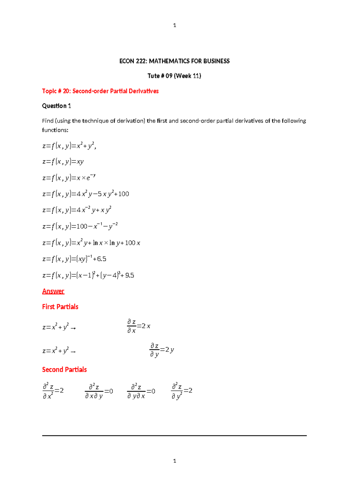 ECON 222 Tute 09: Partial Derivatives & Production Functions - Studocu