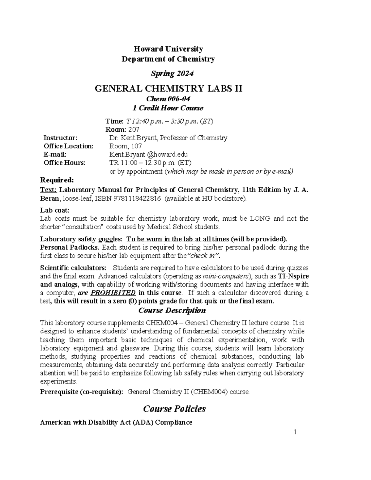 Spring 2024 General Chemistry Lab II Syllabus Chem006-04 - Studocu